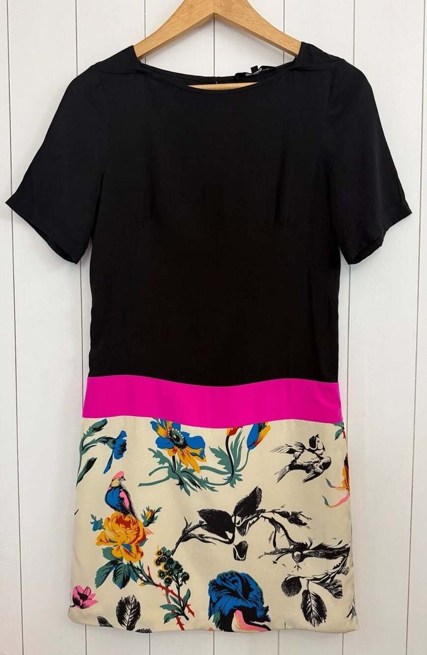 Tibi New York Silk Dress Size 2 Black Pink Floral Short Sleeve